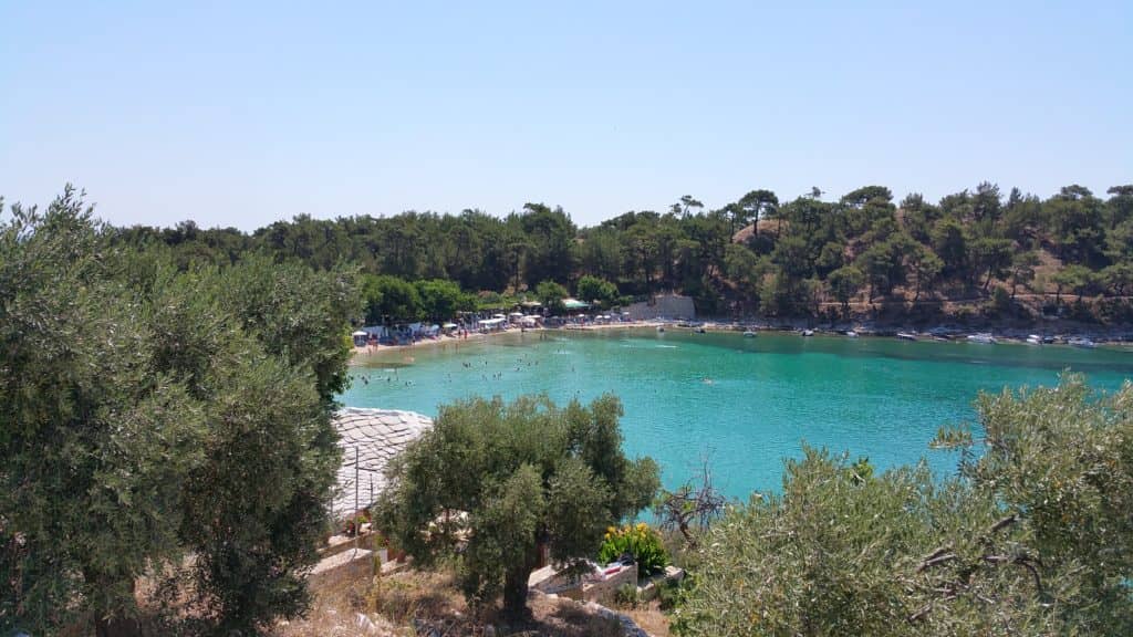 Aliki Beach top beach in Thassos surrounded by olive trees 