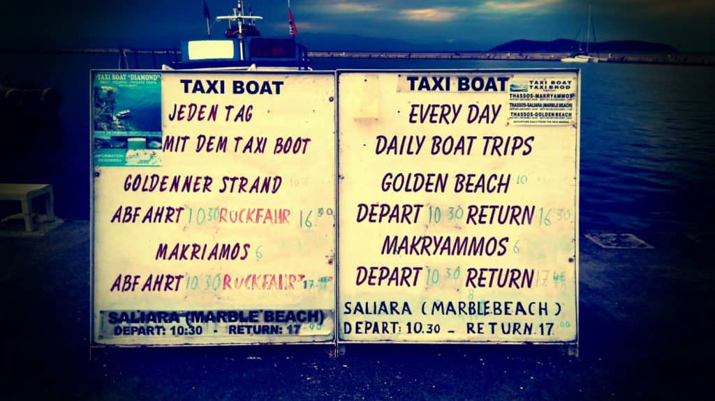 Timetables of the taxi boat to Marble Beach Thassos 