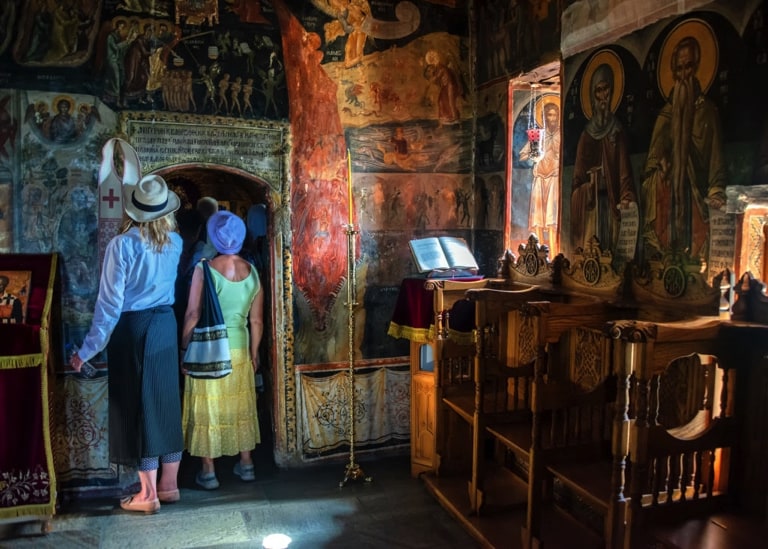 Tourists inside of Holy Monastery of Varlaam